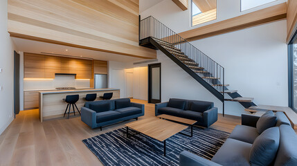 Poster - A modern, spacious living room featuring sleek furniture, wooden accents, and large windows, creating a bright and inviting atmosphere