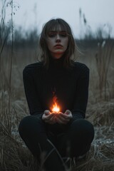 Poster - A woman sits in a field, holding a lit candle, creating warm and cozy atmosphere