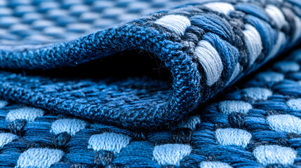Poster - A close-up of a rolled blue woven rug, featuring intricate patterns and contrasting colors, showcasing textile craftsmanship