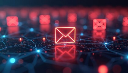 Poster - Glowing email icon on abstract dark background. Sign of message transfer, email marketing, phishing, spam. Network structure with glowing nodes. Data protection. Security system. Digital
