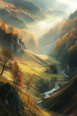Poster - A serene valley with a gentle stream running through it
