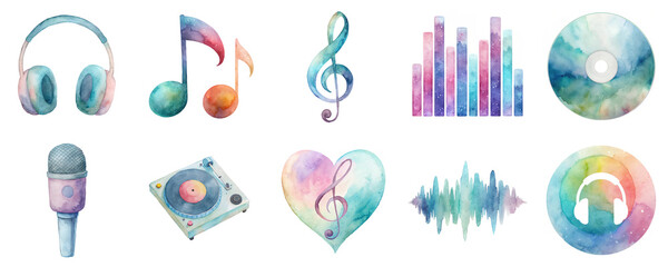 music elements in watercolor illustration set. includes headphones, notes, treble clef, microphone, 