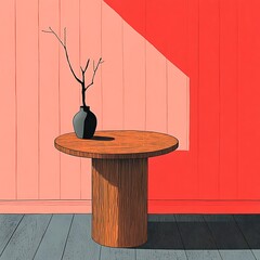 Poster - Minimalist Still Life Wooden Table, Vase, Branch
