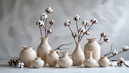 Poster - Elegant arrangement of neutral pottery and cotton branches on a soft background in a serene studio setting