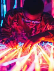 Poster - A person having fun with colorful lights and a game, great for futuristic or entertainment themes