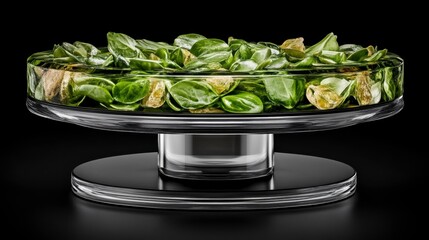 Poster - Green leaves arranged on a clear glass pedestal bowl with a textured black base, set against a black background. Studio lighting illuminates the scene.