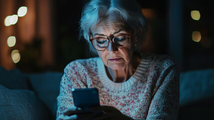 Poster - Elderly woman using smartphone at night in cozy setting home dark blue warm light media senior screen