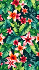 Poster - a vibrant tropical floral pattern with bright colors and lush leaves. The design is seamless and perfect for textiles or wallpapers