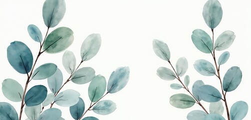 Poster - Watercolor illustration presents eucalyptus branches with soft blue, green colors. Floral design suitable for decoration, cards, invitations, backgrounds. Botanical theme nature, spring season,