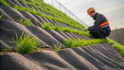 Poster - Landscaper performing erosion control inspection on grassy slope, evaluating vegetation health and ground stabilization using geotextile system for environmental protection