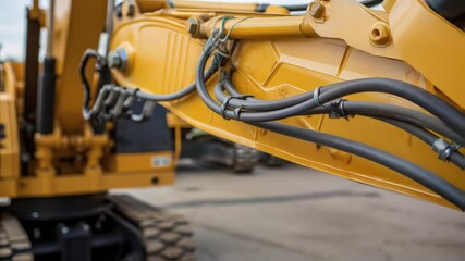 Aufkleber - Close up details of a yellow excavator arm showcasing its hydraulic system, pistons, and hoses, highlighting their movement and functionality