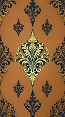 Poster - a repeating pattern of vintage ornamental damask wallpaper in gold and blue on a brown background