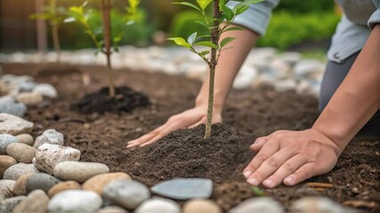 Poster - Carefully positioning sapling in fertile soil, professional gardener gently handling and securing young tree during planting process with meticulous care and precision