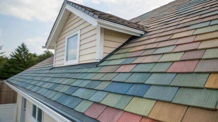 Poster - Vibrant roof tiles covering residential building, showcasing architectural craftsmanship with colorful protective layering creating weather resistant exterior design