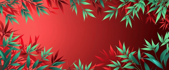 Poster - bamboo leaf pattern on red plain background digital abstract art work illustration design