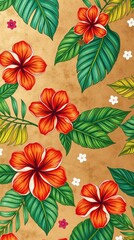 Poster - a vibrant floral pattern featuring hibiscus flowers and lush green leaves on a gold background