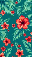 Poster - a beautiful pattern featuring red hibiscus flowers and green leaves on teal background