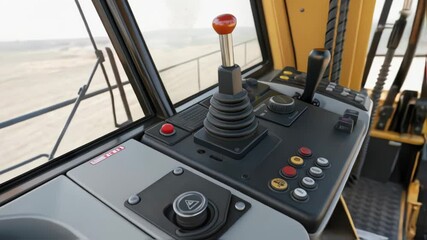 Aufkleber - Control panel of a construction vehicle featuring a joystick, buttons, and levers, possibly indicating operation or manipulation of heavy machinery