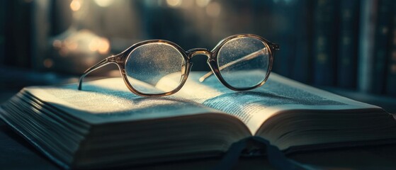 Poster - A pair of glasses resting on top of an open book, perfect for educational or study-related uses