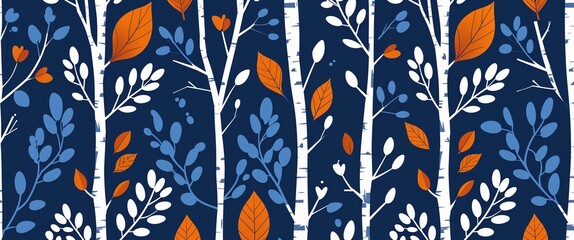 Poster - birch leaf pattern on blue plain background digital abstract art work illustration design