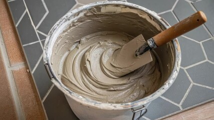 Aufkleber - Construction worker carefully mixing cement in a sturdy bucket with professional grade trowel, preparing gray compound for precise floor tiling and home renovation work