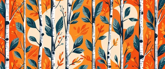 Poster - birch leaf pattern on orange plain background digital abstract art work illustration design