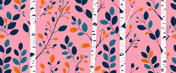 Poster - birch leaf pattern on pink plain background digital abstract art work illustration design