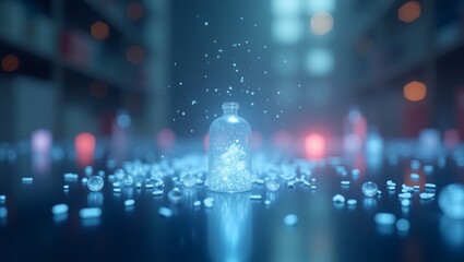 Poster - a magical bottle with glowing particles emitting and floating in the air with soft light around them. The composition creates a mystical and intriguing atmosphere