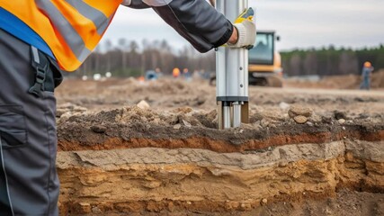 Poster - Construction worker collecting ground samples with specialized soil sampling tool during detailed geological investigation. Analyzing earth layers for scientific research and environmental assessment