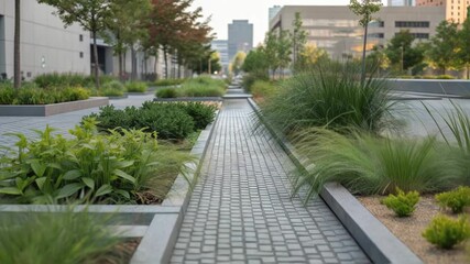 Poster - Lush vegetation adorns a paved pathway, creating a serene urban oasis where gentle breezes rustle through leaves, offering a tranquil escape amidst the bustling city backdrop