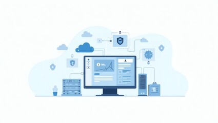 Poster - a digital illustration featuring a computer screen surrounded by cloud computing symbols, emphasizing data security and network connectivity. The image conveys a sense of modern technology, security.