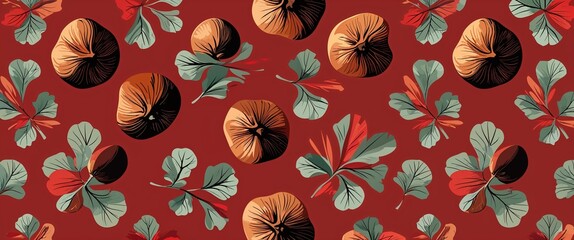 Poster - chestnut leaf pattern on red plain background digital abstract art work illustration design