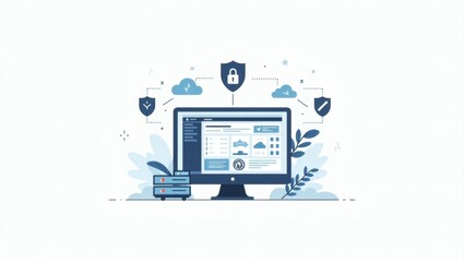 Poster - a secure computer system with protective shield icons and a network of interconnected data points