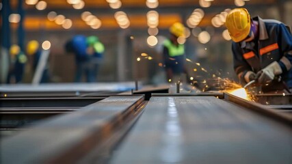 Poster - Skilled industrial worker wearing safety gear diligently welds metal beams in a bustling factory, sparks flying as he meticulously joins the components together