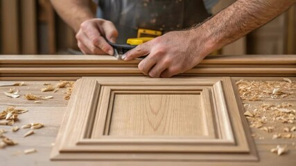 Aufkleber - Skilled carpenter smoothing wooden cabinet door frame with hand plane, generating fine wood shavings on traditional woodworking workbench surface
