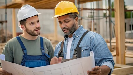 Poster - Construction workers wearing protective hard hats reviewing architectural blueprint, discussing project details at industrial building site while collaborating on development plans