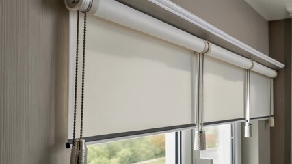 Aufkleber - Elegant roller blinds gracefully raise and lower, adjusting the light entering through a window, showcasing their smooth operation and enhancing interior design