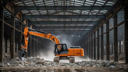 Aufkleber - Powerful hydraulic excavator removing concrete debris and creating dust while clearing abandoned industrial building interior for renovation or demolition project