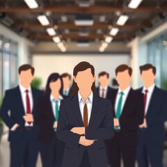 Poster - an office environment with a team of professionals standing in a row. A group of office colleagues in formal attire gather indoors, some of them are crossing their arms