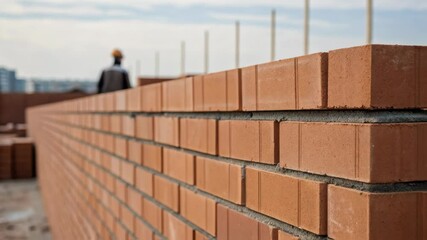 Poster - Construction worker constructing sturdy brick wall using red bricks and cement mortar, wearing protective safety helmet at industrial building site with professional masonry techniques