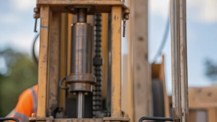Aufkleber - Close up view of a hydraulic piston rhythmically moving on a construction site, with a blurred construction worker in the background wearing a safety vest and helmet