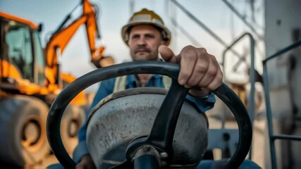 Aufkleber - Construction worker navigating road roller across construction site, wearing safety gear with excavator operating in background, compacting ground during roadwork infrastructure development