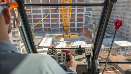 Aufkleber - Construction worker skillfully controlling heavy crane machinery from cabin, maneuvering joysticks high above expansive building site with precise professional expertise