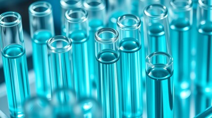 Poster - close-up shot of several glass test tubes filled with vibrant blue liquid in a laboratory setting. The composition highlights scientific research, experiments, and the world of chemistry