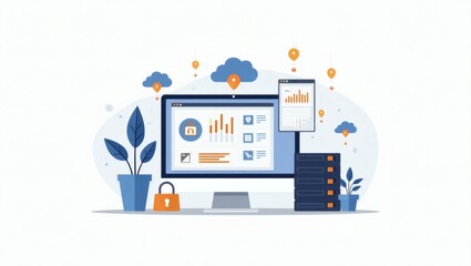 Poster - a illustration shows a desktop computer with data, clouds, and security lock, with a modern and technical aesthetic 