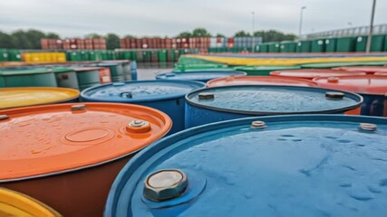Poster - Wet colorful metal barrels standing in rows in an industrial storage area, with raindrops glistening on their surfaces, create a vibrant and intriguing scene