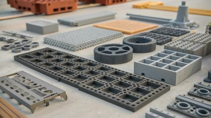 Aufkleber - Various recycled plastic components, including interlocking tiles, wheels, and structural elements, lie arranged on a concrete surface, showcasing their potential for sustainable construction
