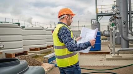 Aufkleber - Industrial engineer wearing safety vest and hardhat reviews blueprints at water treatment plant, ensuring smooth operation and regulatory compliance