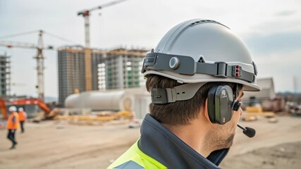 Fototapete - Innovative safety helmet with integrated camera and headset improves communication and documentation on construction sites, enhancing worker safety and efficiency