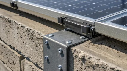 Aufkleber - Sunlight illuminates a solar panel securely mounted on a concrete wall, showcasing the robust metal brackets and fixings essential for efficient energy generation